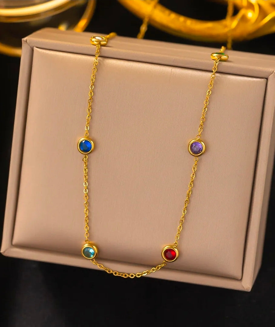 Color Stone Gold Plated Stainless Steel Necklace For Women Fashion Jewelry Minimalist