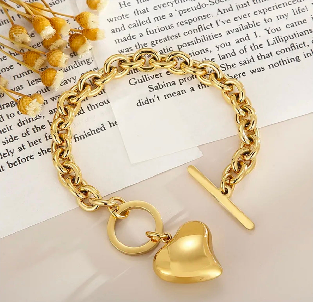 Gold Heart Pendant Chunky Chain Bracelet