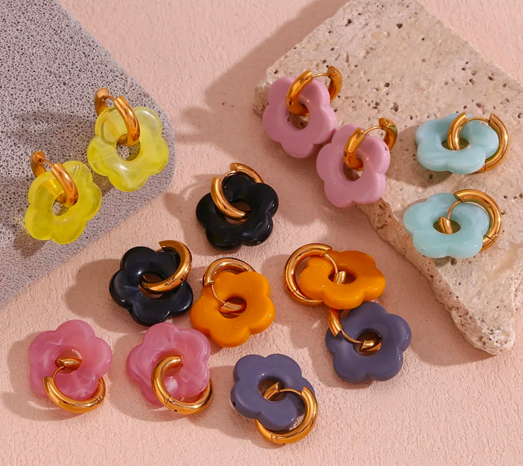 Gold Colorful Resin Flower Hoop Drop Earrings