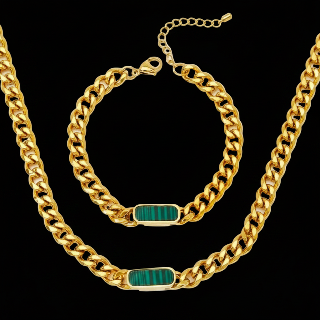 316 Green Stainless Steel Cuban Link Necklace/ Bracelet Jewelry Set For Unisex 18K Gold Plated Accessory