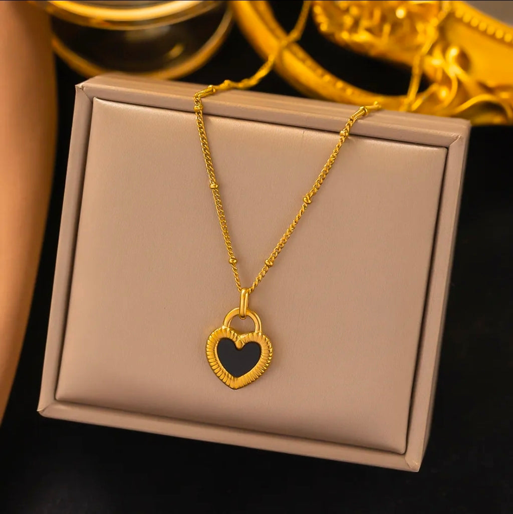 Gold Double Sided Black Heart Pendant Necklace