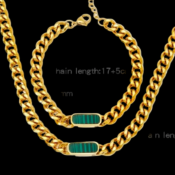 316 Green Stainless Steel Cuban Link Necklace/ Bracelet Jewelry Set For Unisex 18K Gold Plated Accessory