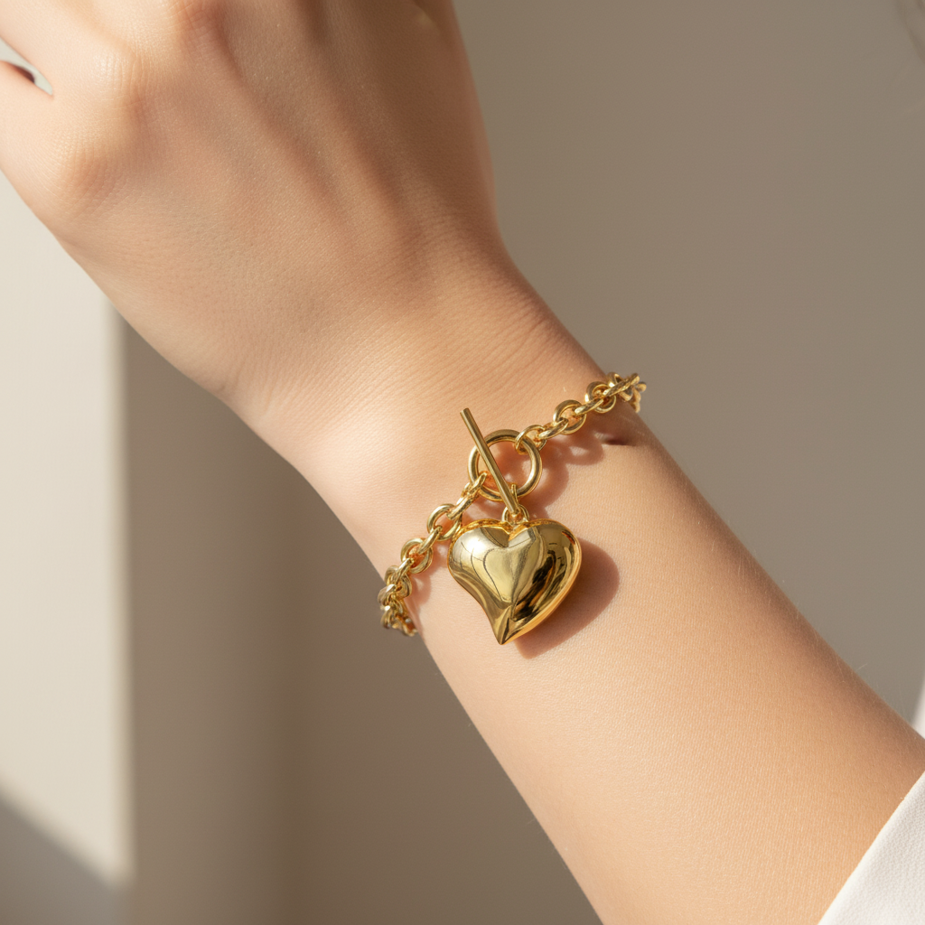 Gold Heart Pendant Chunky Chain Bracelet
