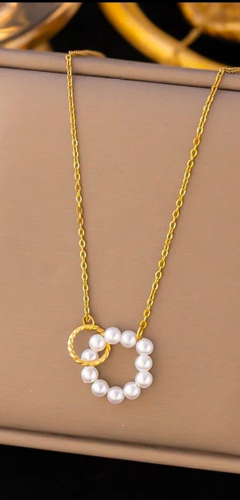 Pearl Double Ring Gold Plated Stainless Steel Necklace For Women Fashion Jewelry Minimalist
