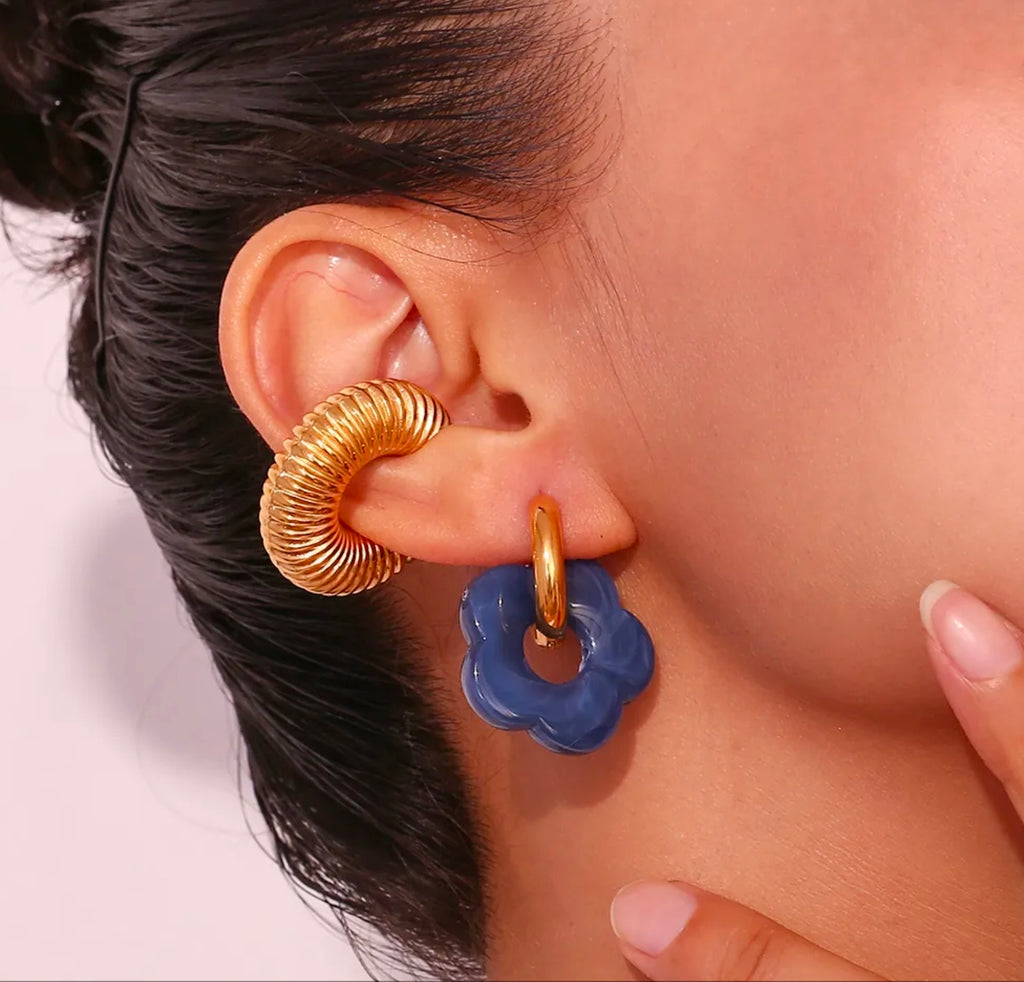 Gold Colorful Resin Flower Hoop Drop Earrings