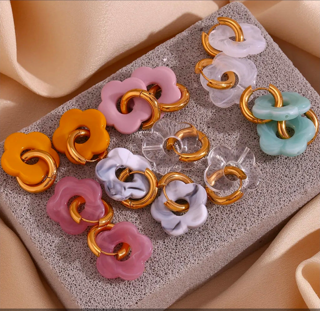 Gold Colorful Resin Flower Hoop Drop Earrings