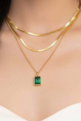 Green Stone Gold Plated Stainless Steel Necklace For Women Fashion Jewelry Minimalist