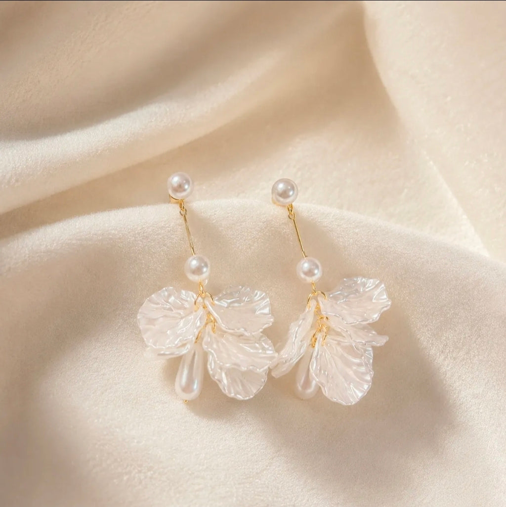 Floral Petal Fringe Earrings With 925 
Sterling Silver Earring Post Alloy Faux 
Artificial Pearl Elegant Romantic 
Accessory For Women