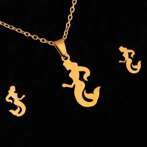 Mermaid Silhouette Fashion Jewelry Necklace And Earrings For Women 304 Stainless Steel Gift Set