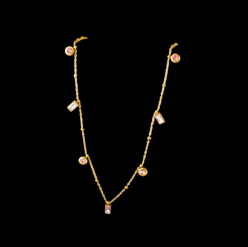 Gold Pink Mixed Rhinestone Pendant Necklace