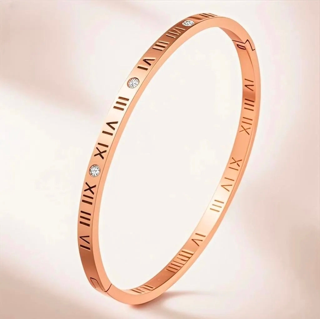 Stainless Steel Bangle For Women Roman Numeral Nail Design Rhinestone Inlaid Gold Luxury Fashion Jewelry