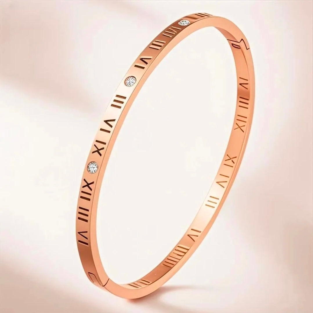 Stainless Steel Bangle For Women Roman Numeral Nail Design Rhinestone Inlaid Gold Luxury Fashion Jewelry