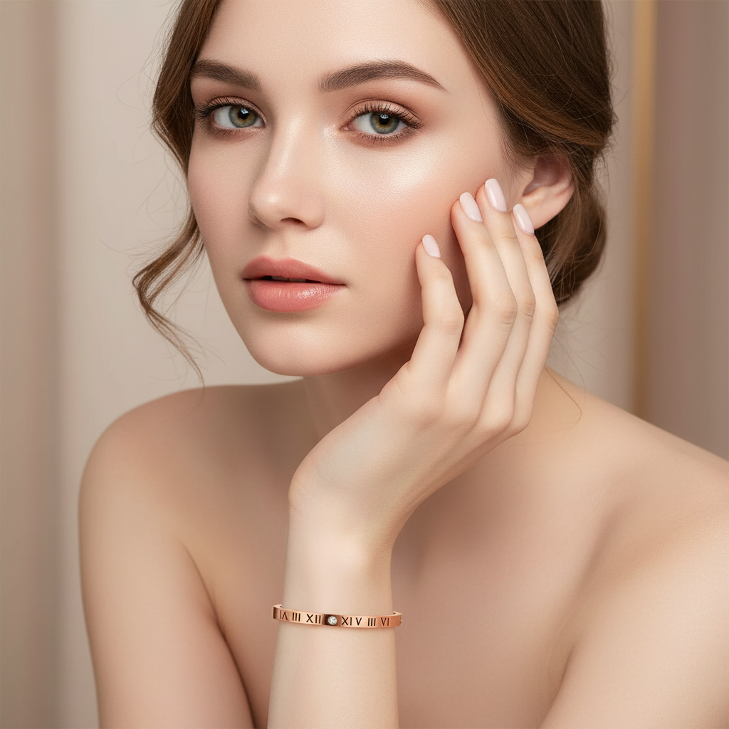 Stainless Steel Bangle For Women Roman Numeral Nail Design Rhinestone Inlaid Gold Luxury Fashion Jewelry