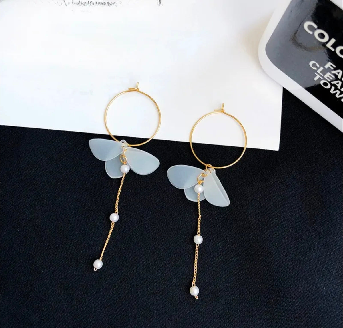 Blue Butterfly Wing Pearl Fringe Earrings