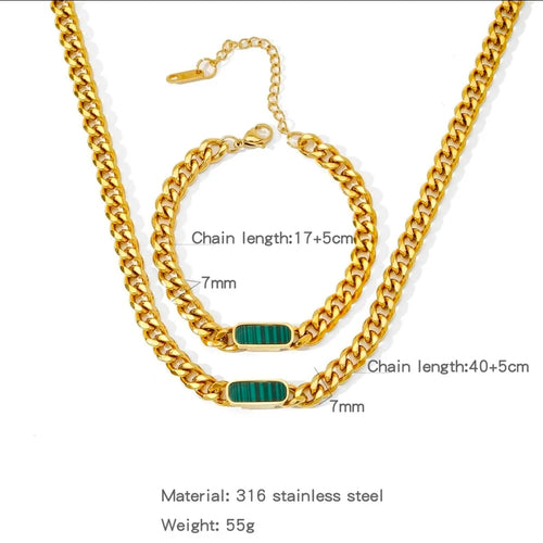 316 Green Stainless Steel Cuban Link Necklace/ Bracelet Jewelry Set For Unisex 18K Gold Plated Accessory