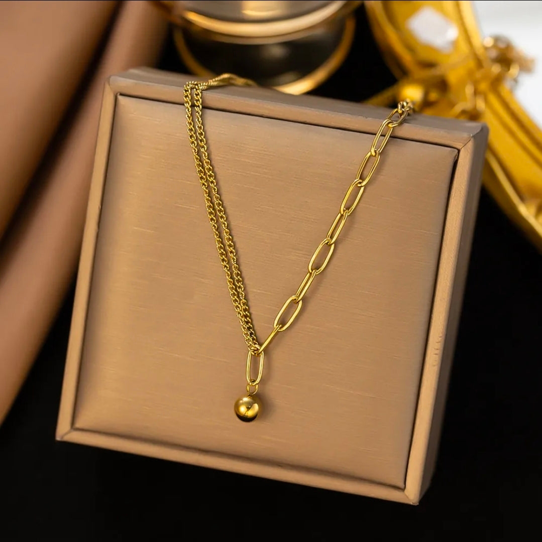 Gold Double Chain Bead Pendant Necklace