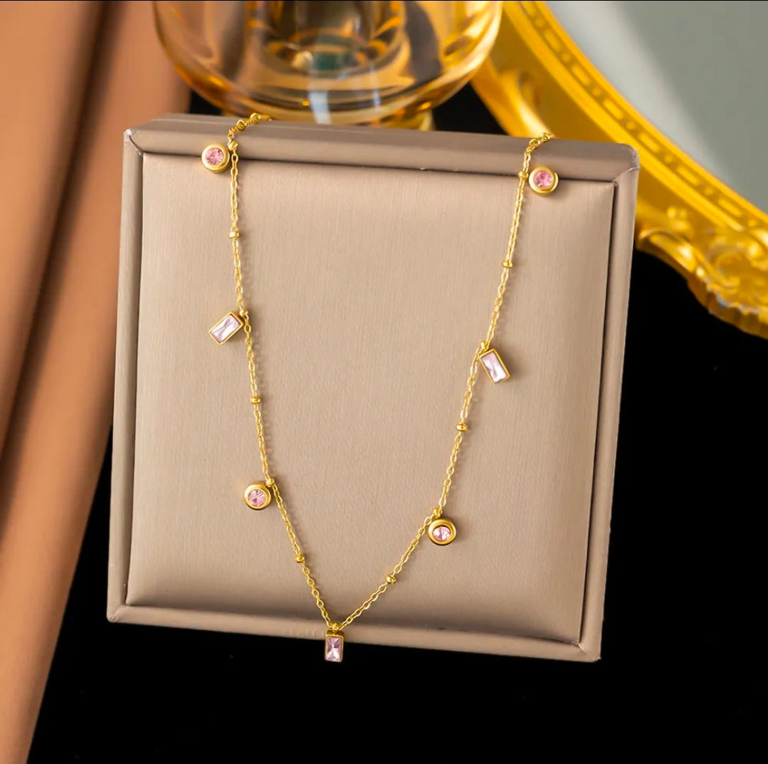 Gold Pink Mixed Rhinestone Pendant Necklace