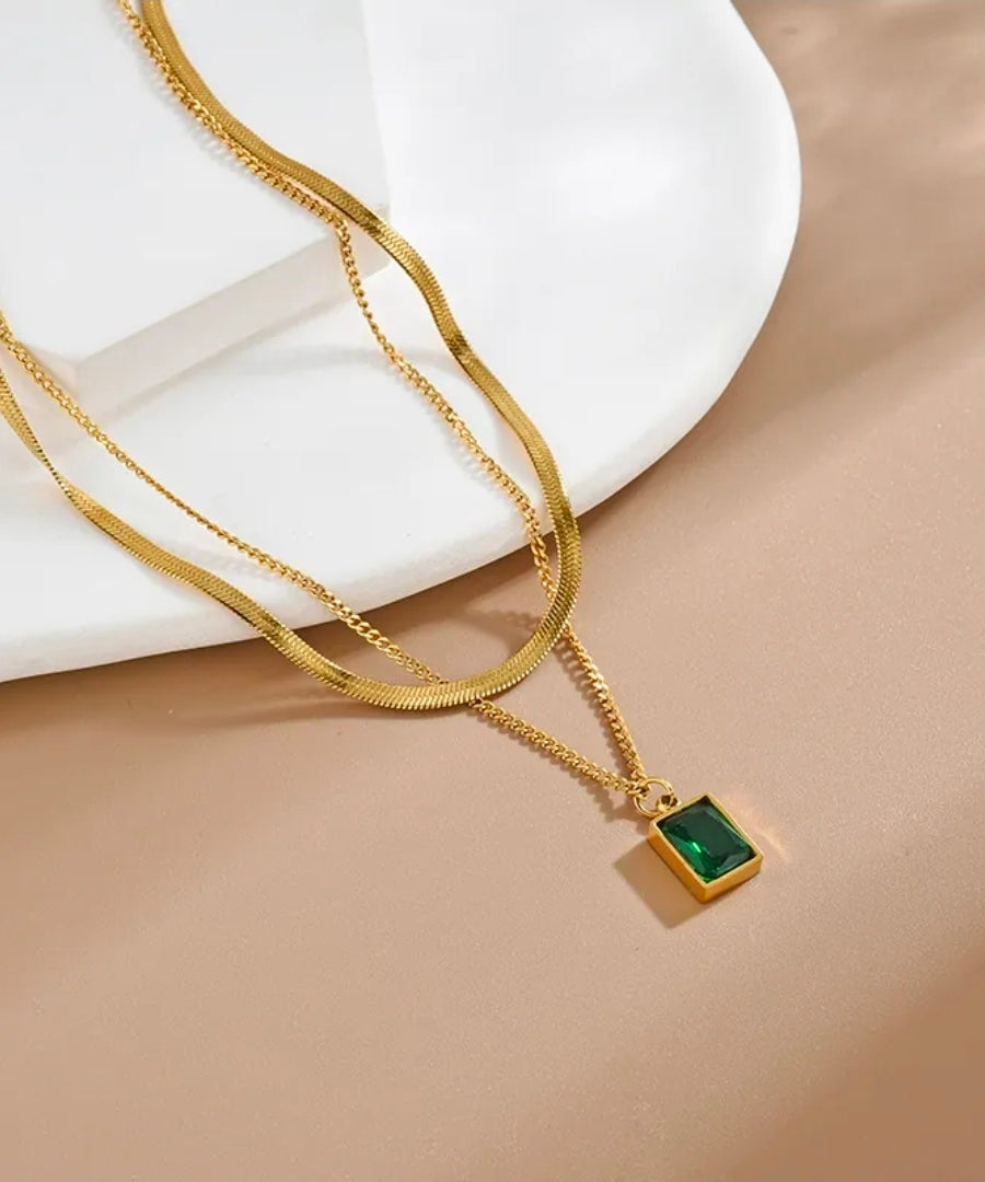 Green Stone Gold Plated Stainless Steel Necklace For Women Fashion Jewelry Minimalist