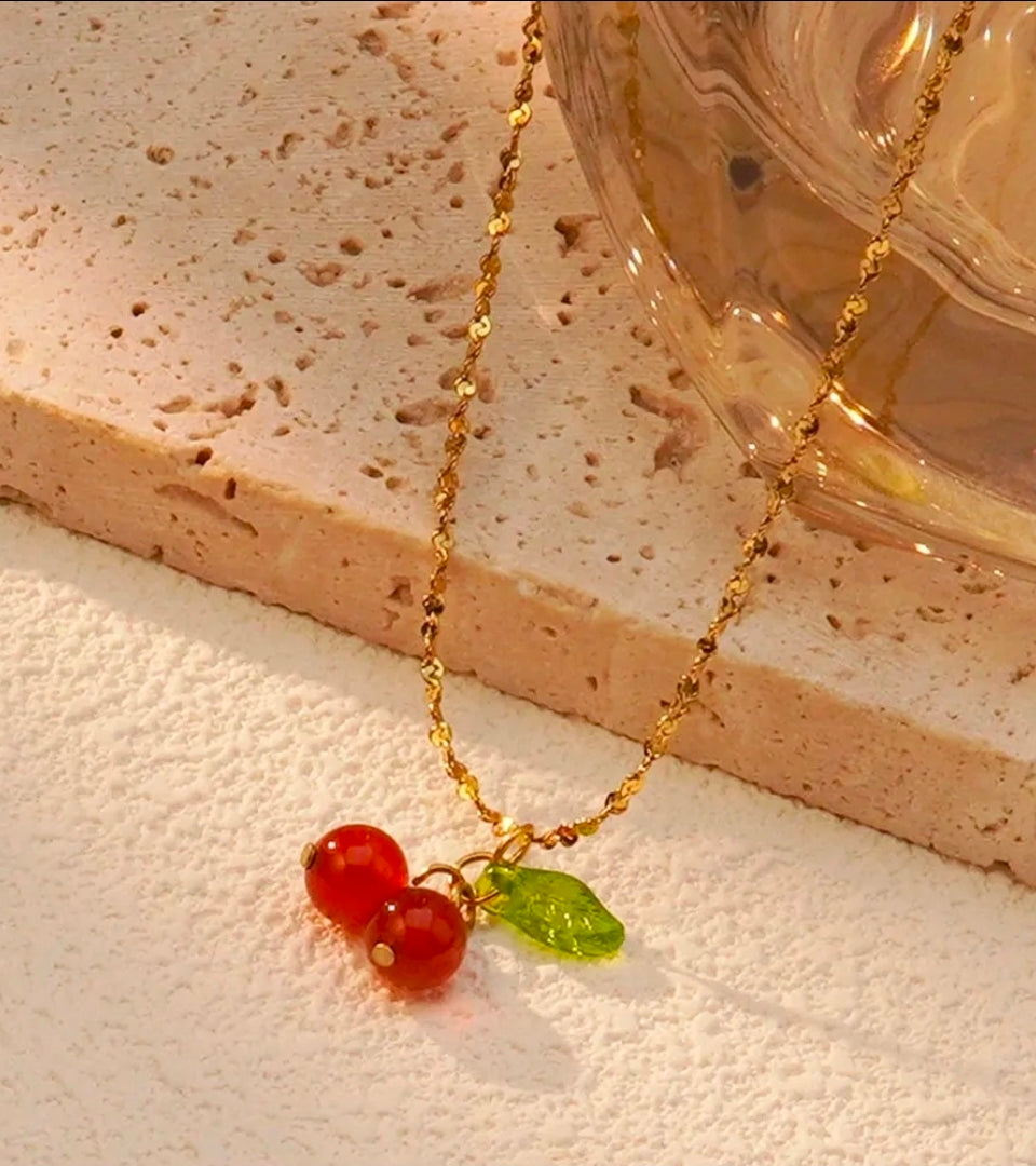 Gold Cherry Fruit Necklace & Earring Set