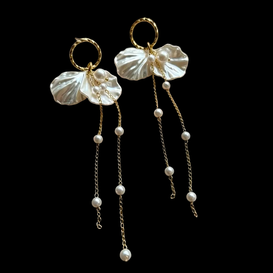 Floral Petal Fringe Earrings With 925 
Sterling Silver Earring Post Alloy Faux 
Artificial Pearl Elegant Romantic 
Accessory For Women