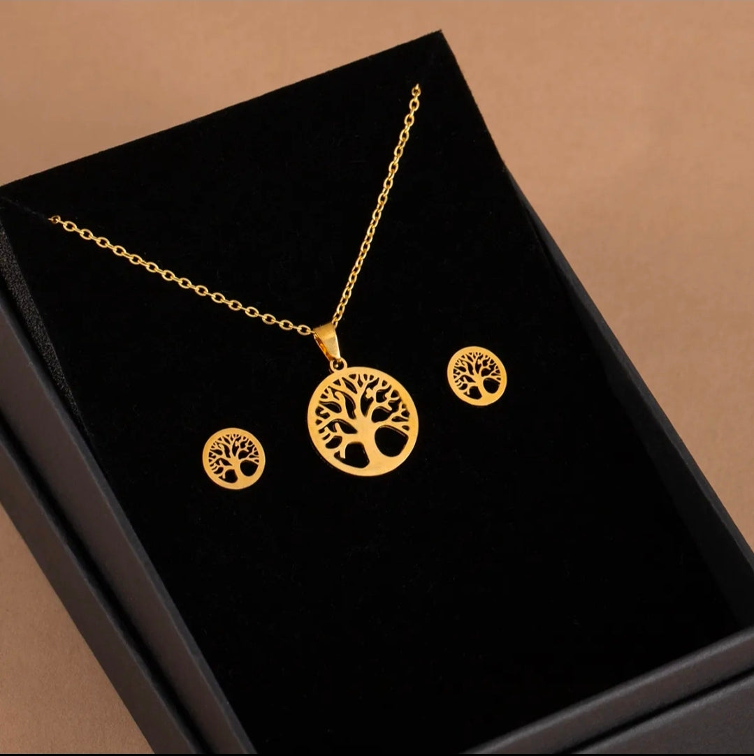 Tree of Life Round Disc Fashion Jewelry Necklace And Earrings For Women 304 Stainless Steel Gift Set