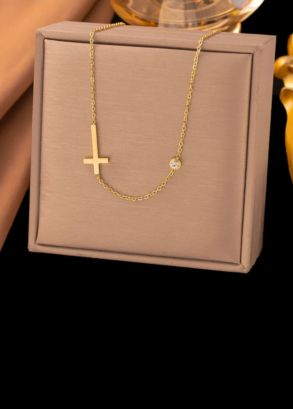 Gold Cross Single Rhinestone Pendant Necklace