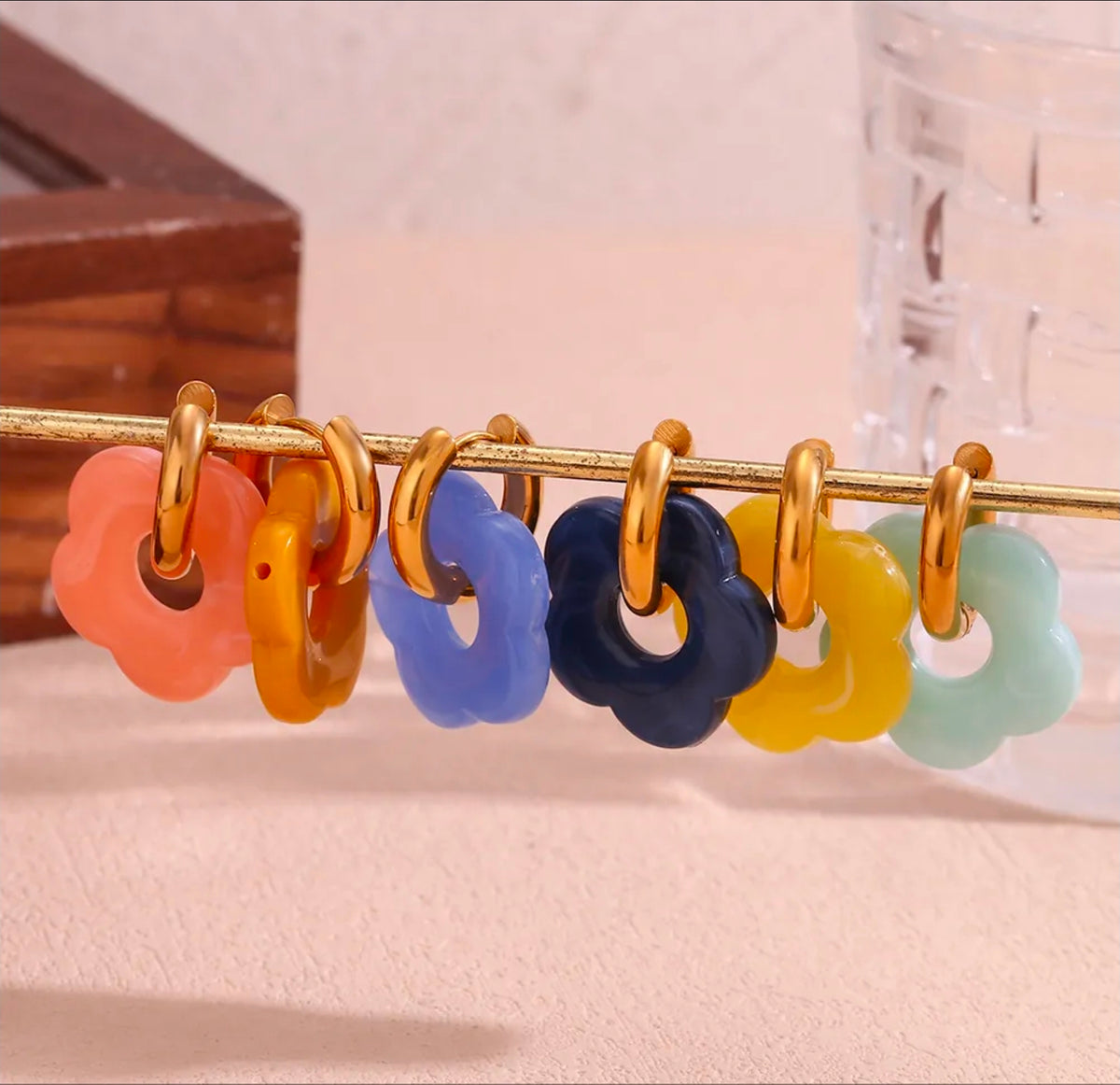 Gold Colorful Resin Flower Hoop Drop Earrings