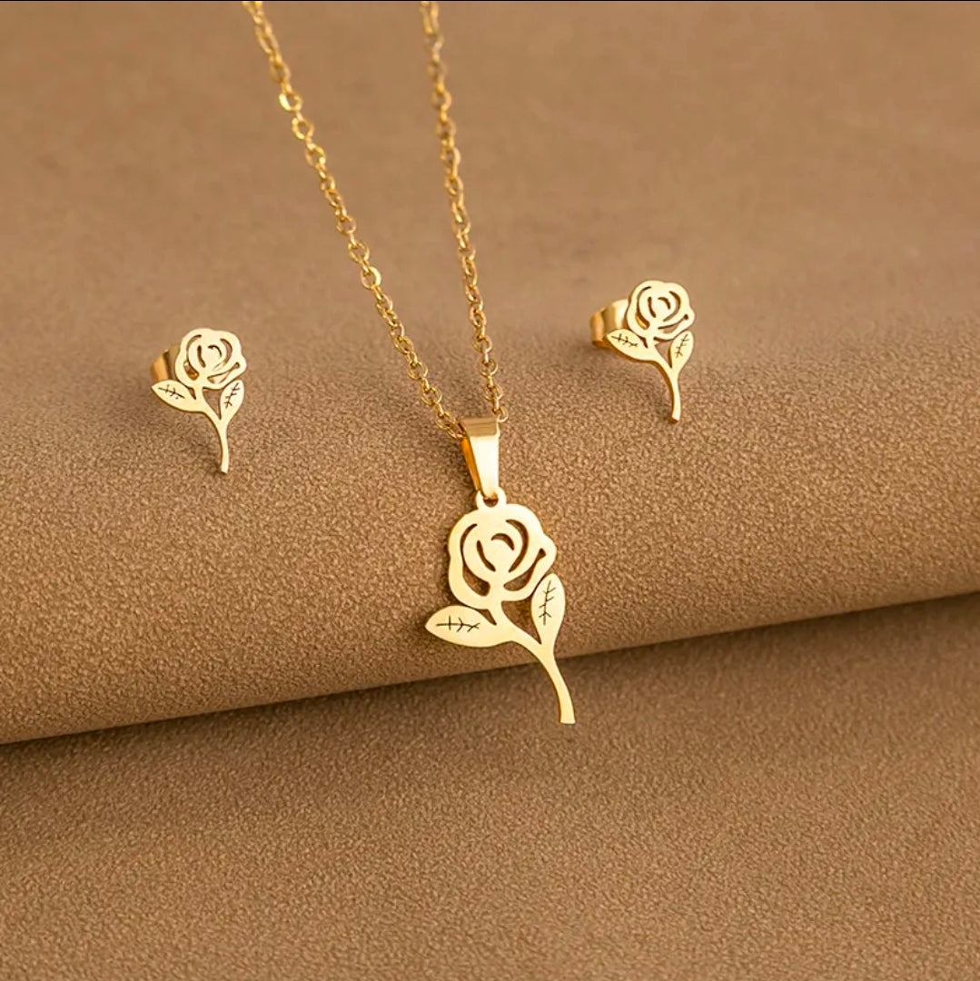 Hollow Rose Style Fashion Jewelry Necklace And Earrings For Women 304 Stainless Steel Gift Set