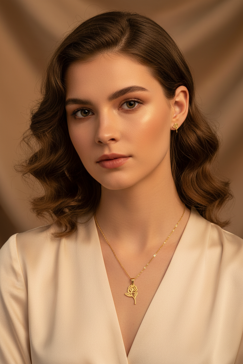 Hollow Rose Style Fashion Jewelry Necklace And Earrings For Women 304 Stainless Steel Gift Set